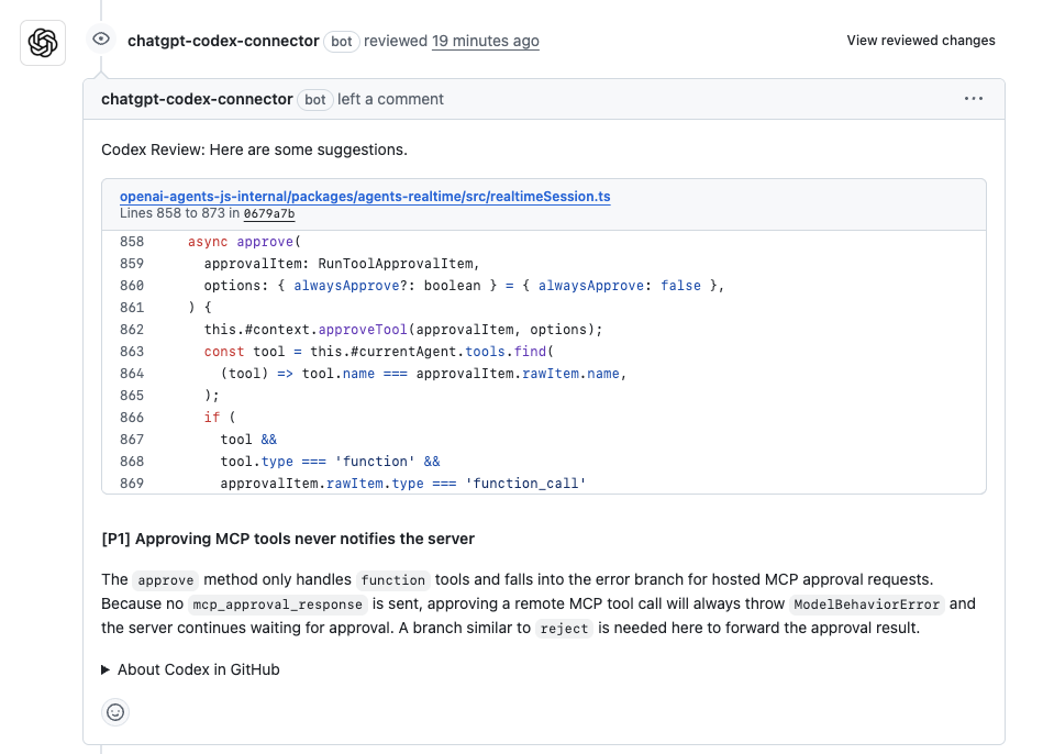 拉取请求中 Codex 代码审查示例
