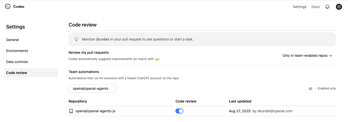 Codex 设置中显示 Code review 开关