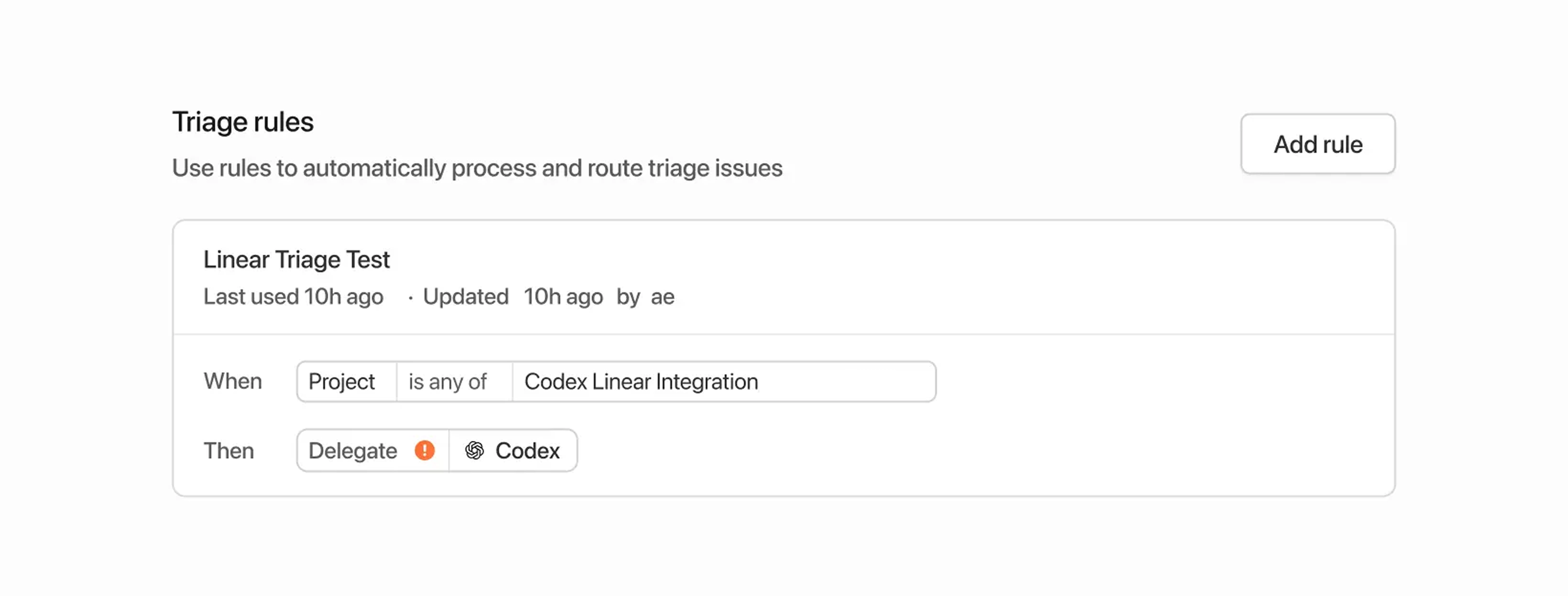 Screenshot of an example triage rule assigning everything to Codex and labeling it in the 