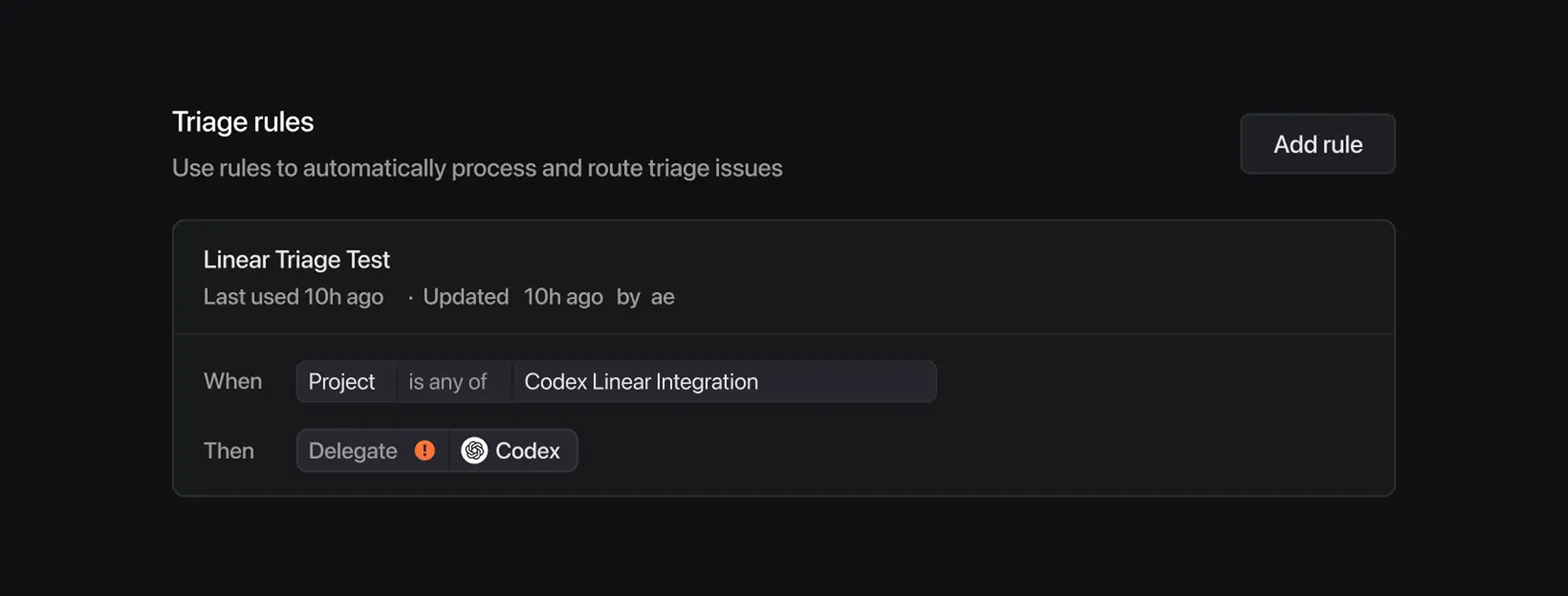 Screenshot of an example triage rule assigning everything to Codex and labeling it in the 